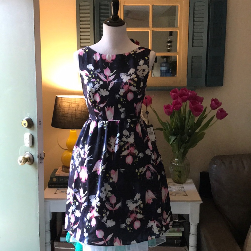 Adrianna Papell Navy Floral Fit-and-Flare Dress with Pink and White Blooms